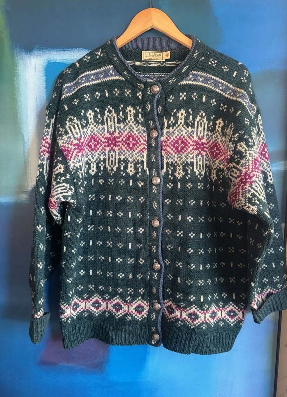 Vintage LL Bean Nordic Fair Isle Cardigan Size Large Green Wool